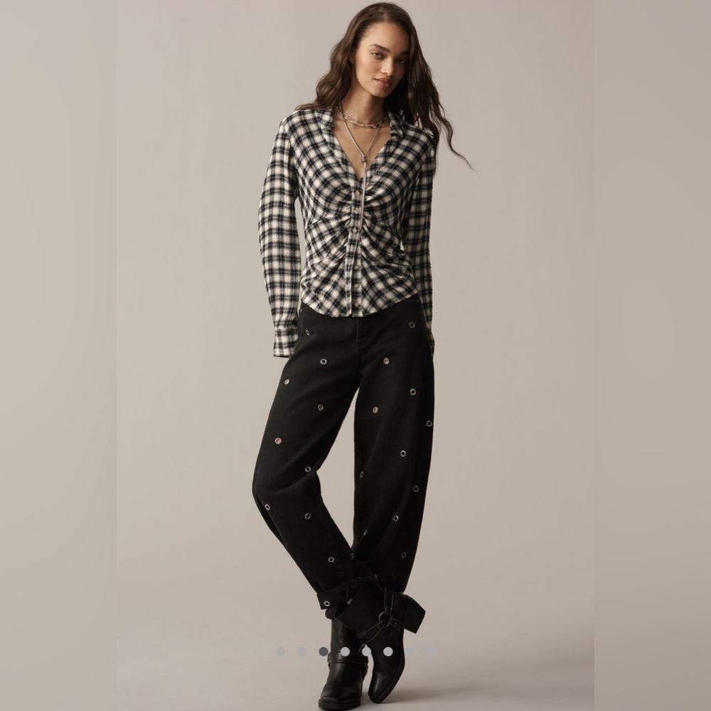 Anthropologie The Keaton Ruched Collared Blouse by Pilcro in Plaid NEW - Picture 3 of 10